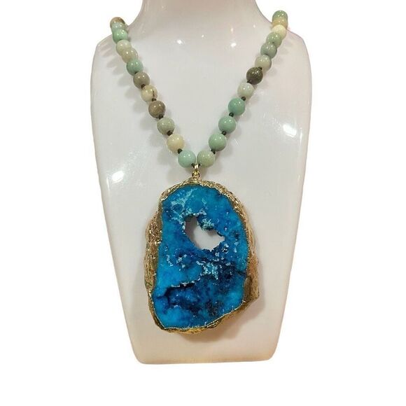 Boho Precious Stone Knotted Irregular Natural Blue Druzy Pendant Long Necklace - Picture 3 of 5